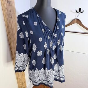 Fun2Fun Navy Boho Print Blouse Medium Rayon‎ 3/4 Sleeve Split Neck Top